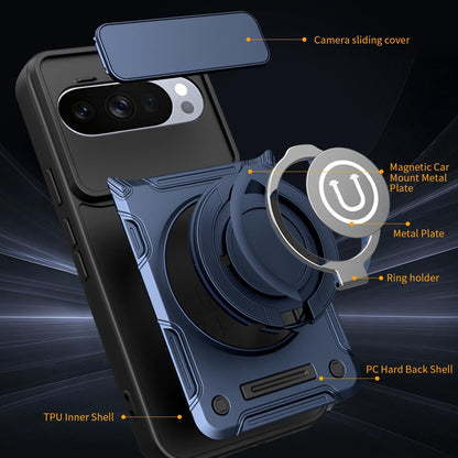 Google Pixel 10 Pro 5G Magnetic Sliding Camshield Holder Phone Case with Lens Protection Cover, Built-in Kickstand, Shockproof PC TPU Back Cover, Car Mount Compatible Protective Case