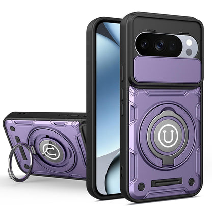 Google Pixel 10 Pro 5G Magnetic Sliding Camshield Holder Phone Case with Lens Protection Cover, Built-in Kickstand, Shockproof PC TPU Back Cover, Car Mount Compatible Protective Case