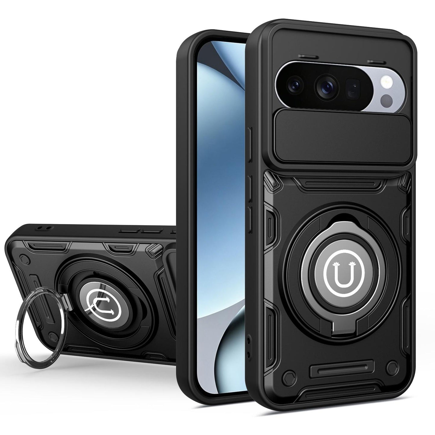 Google Pixel 10 Magnetic Sliding Camshield Holder Phone Case with Lens Protection Cover, Built-in Kickstand, Shockproof PC TPU Back Cover, Car Mount Compatible Protective Case