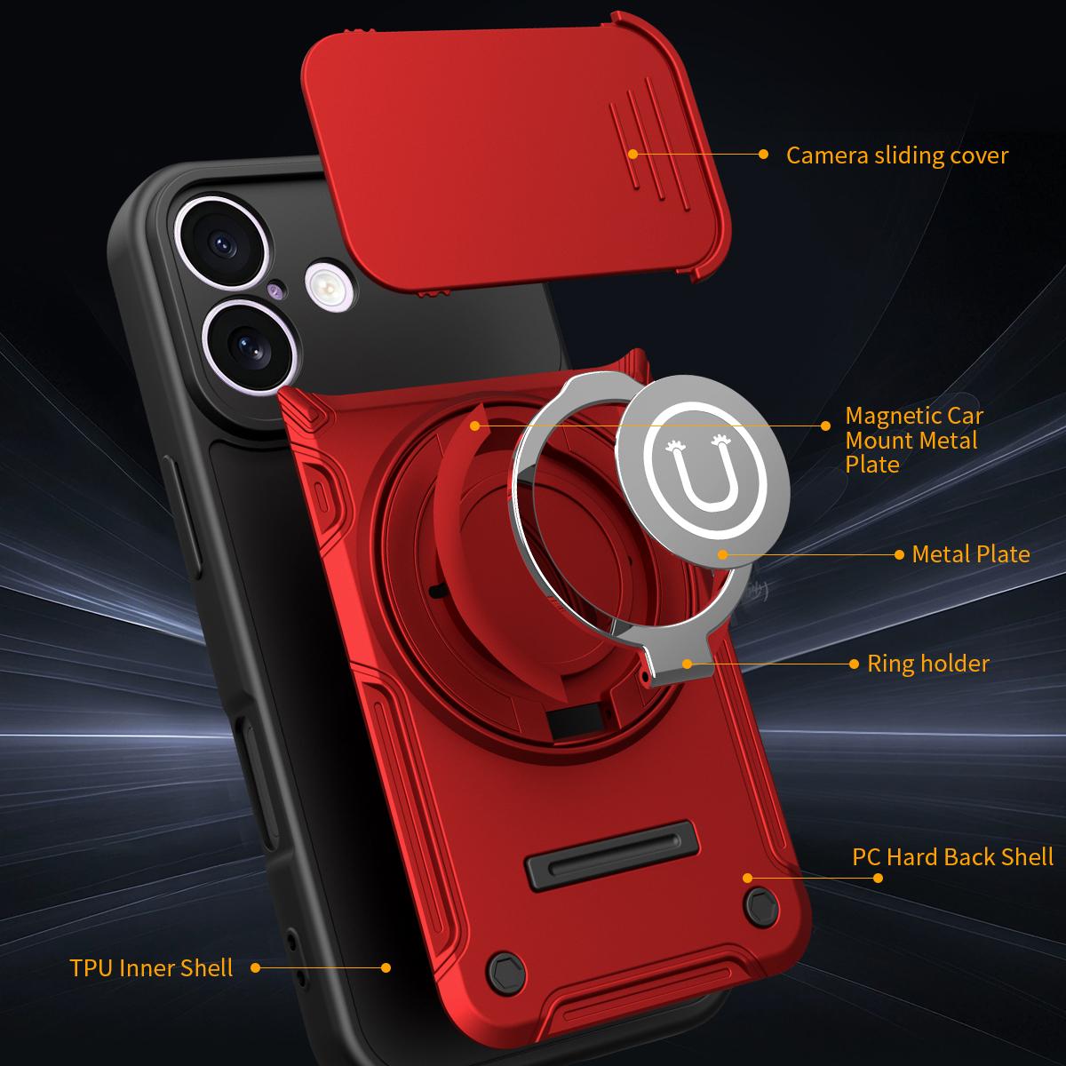 Apple iPhone 17 Magnetic Sliding Camshield Holder Phone Case with Lens Protection Cover, Built-in Kickstand, Shockproof PC TPU Back Cover, Car Mount Compatible Protective Case