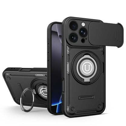 Apple iPhone 16 Pro Max Magnetic Sliding Camshield Holder Phone Case with Lens Protection Cover, Built-in Kickstand, Shockproof PC TPU Back Cover, Car Mount Compatible Protective Case