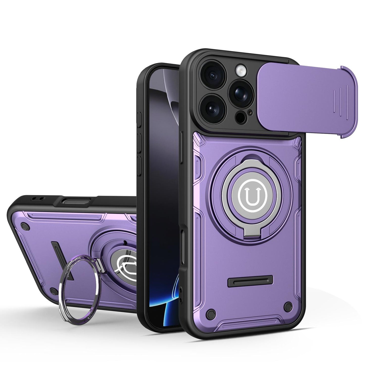 Apple iPhone 16 Pro Magnetic Sliding Camshield Holder Phone Case with Lens Protection Cover, Built-in Kickstand, Shockproof PC TPU Back Cover, Car Mount Compatible Protective Case