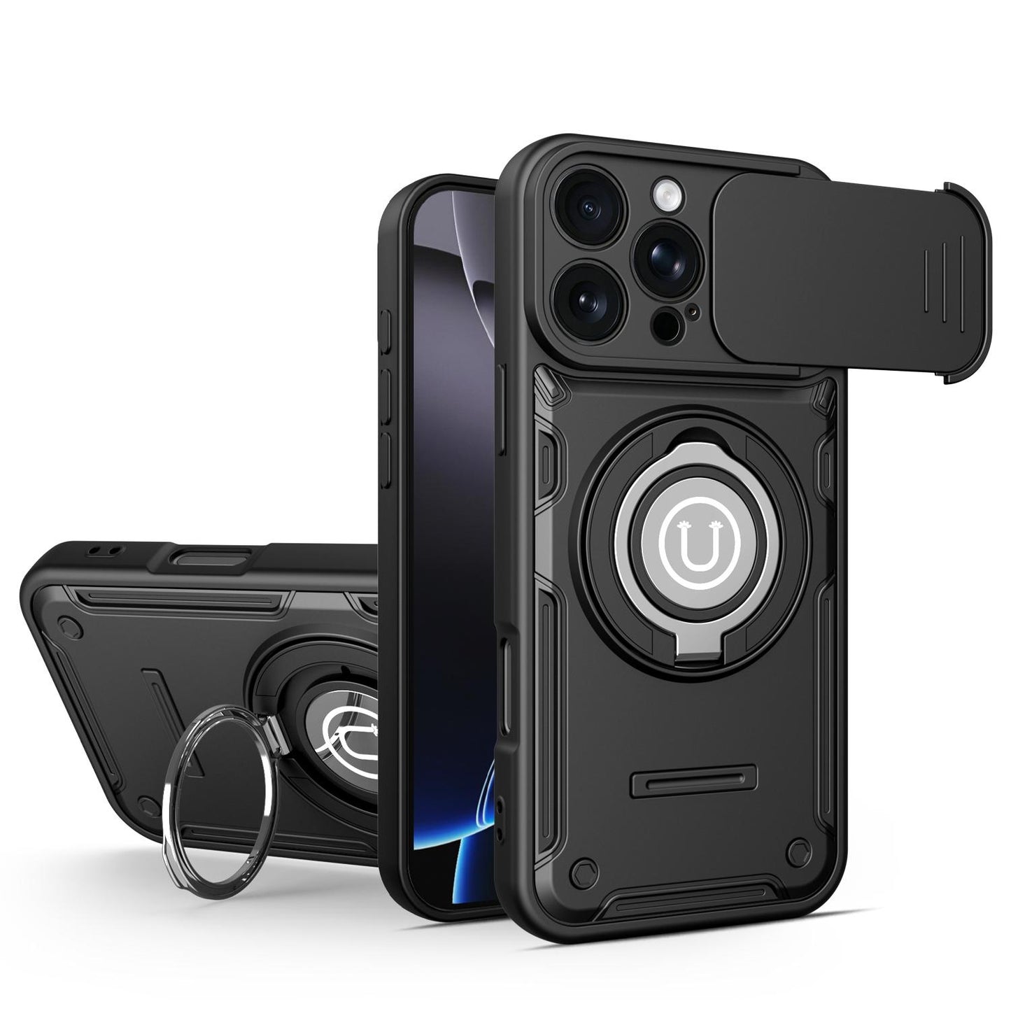 Apple iPhone 16 Pro Magnetic Sliding Camshield Holder Phone Case with Lens Protection Cover, Built-in Kickstand, Shockproof PC TPU Back Cover, Car Mount Compatible Protective Case