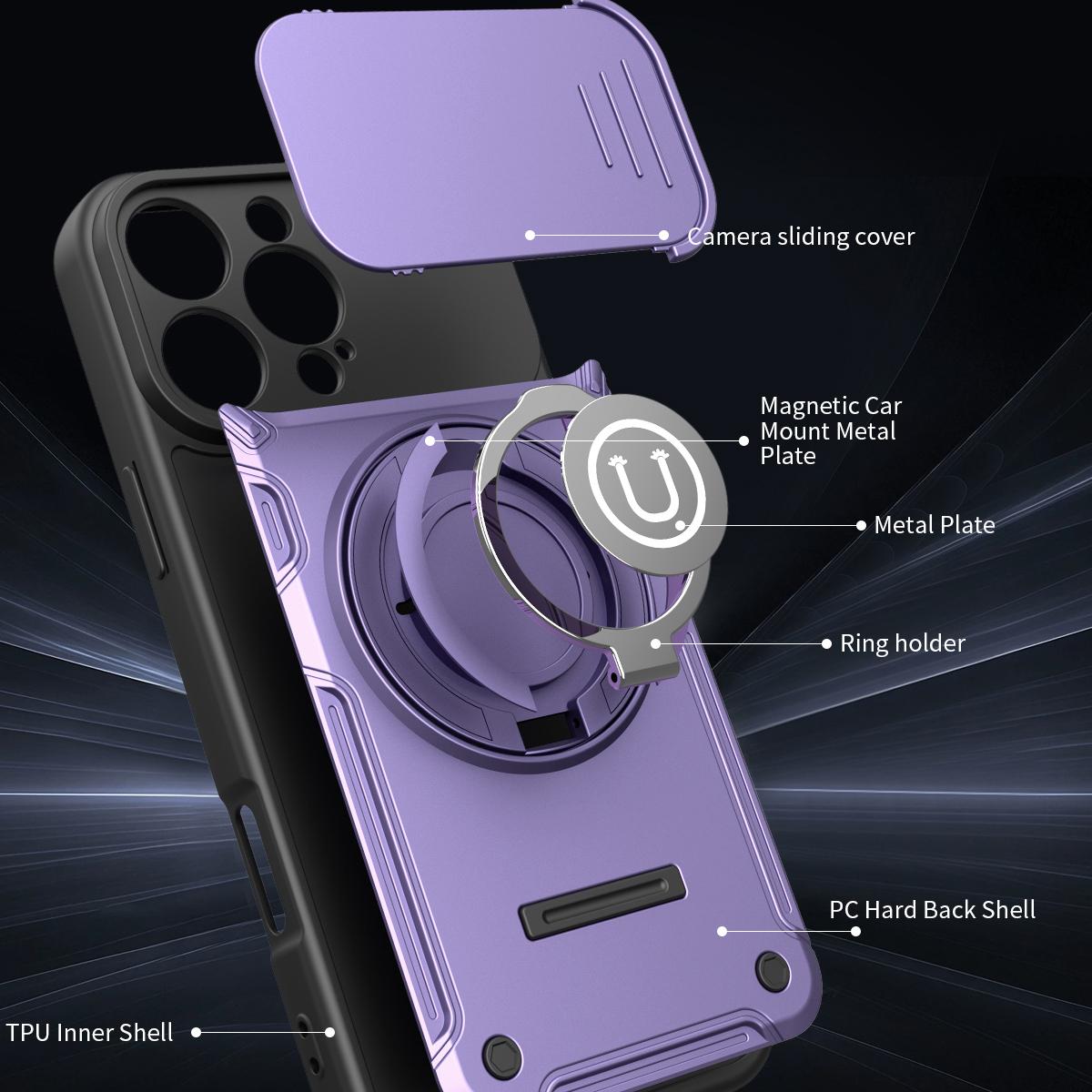 Apple iPhone 16 Pro Magnetic Sliding Camshield Holder Phone Case with Lens Protection Cover, Built-in Kickstand, Shockproof PC TPU Back Cover, Car Mount Compatible Protective Case