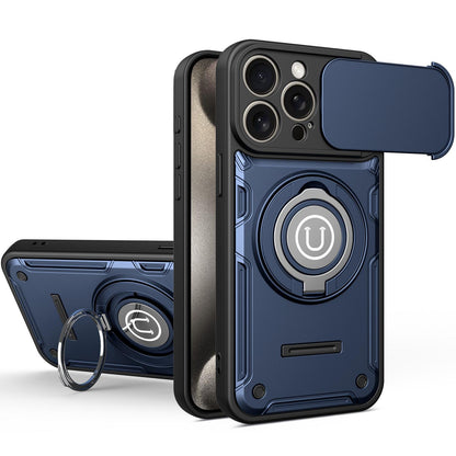 Apple iPhone 15 Pro Max Magnetic Sliding Camshield Holder Phone Case with Lens Protection Cover, Built-in Kickstand, Shockproof PC TPU Back Cover, Car Mount Compatible Protective Case
