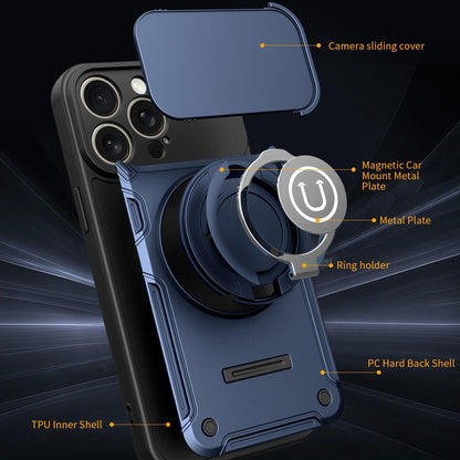Apple iPhone 15 Pro Max Magnetic Sliding Camshield Holder Phone Case with Lens Protection Cover, Built-in Kickstand, Shockproof PC TPU Back Cover, Car Mount Compatible Protective Case