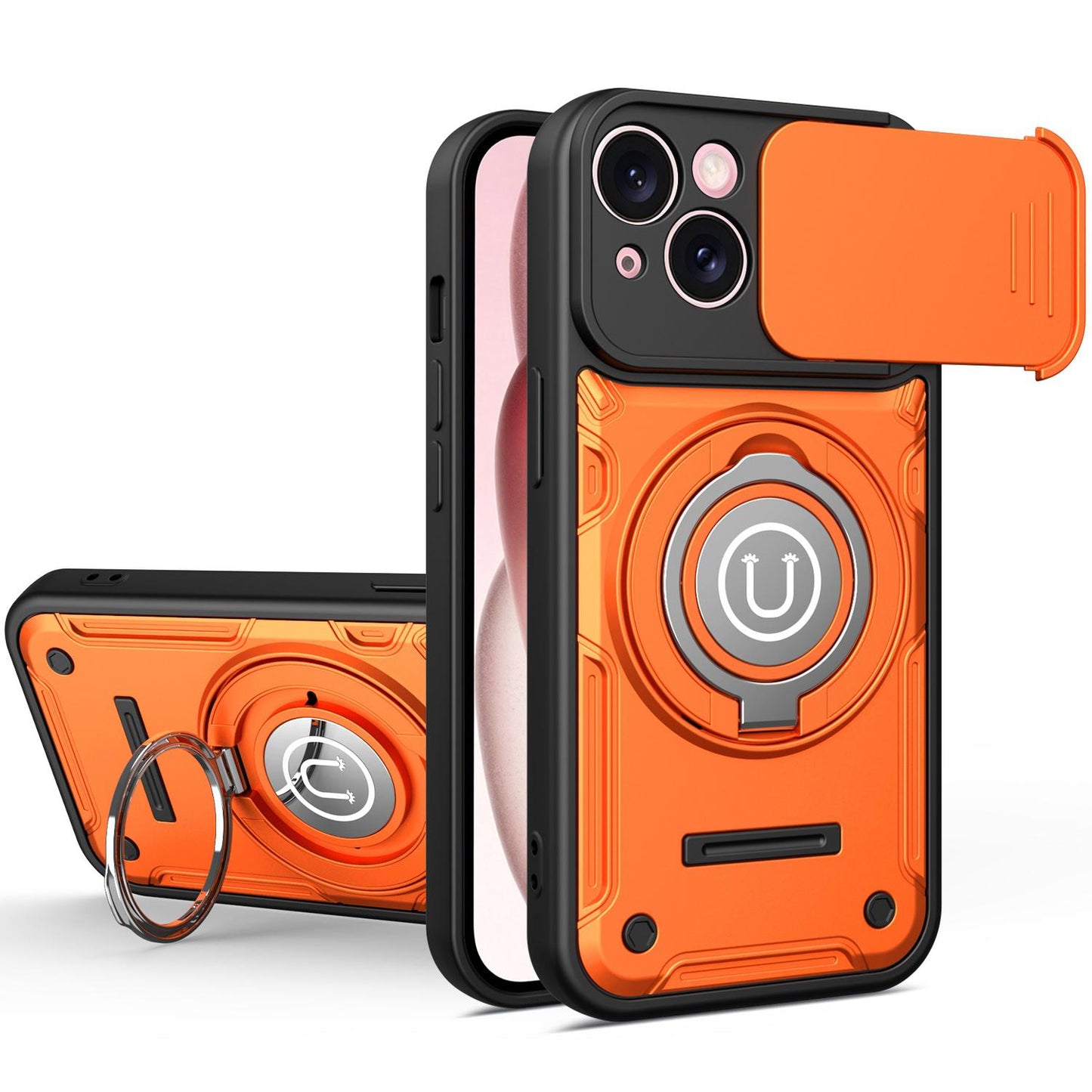 Apple iPhone 15 Magnetic Sliding Camshield Holder Phone Case with Lens Protection Cover, Built-in Kickstand, Shockproof PC TPU Back Cover, Car Mount Compatible Protective Case