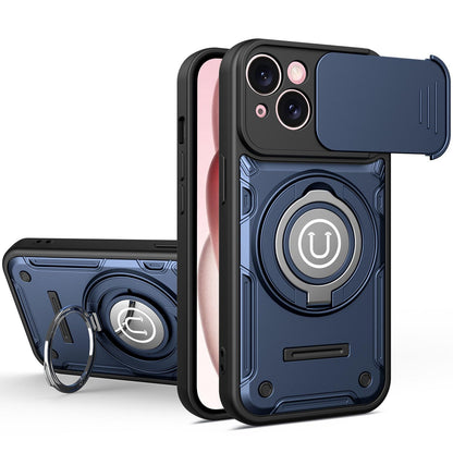 Apple iPhone 15 Magnetic Sliding Camshield Holder Phone Case with Lens Protection Cover, Built-in Kickstand, Shockproof PC TPU Back Cover, Car Mount Compatible Protective Case