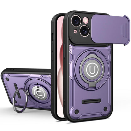 Apple iPhone 15 Magnetic Sliding Camshield Holder Phone Case with Lens Protection Cover, Built-in Kickstand, Shockproof PC TPU Back Cover, Car Mount Compatible Protective Case