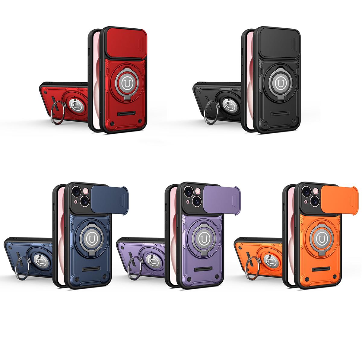 Apple iPhone 15 Magnetic Sliding Camshield Holder Phone Case with Lens Protection Cover, Built-in Kickstand, Shockproof PC TPU Back Cover, Car Mount Compatible Protective Case