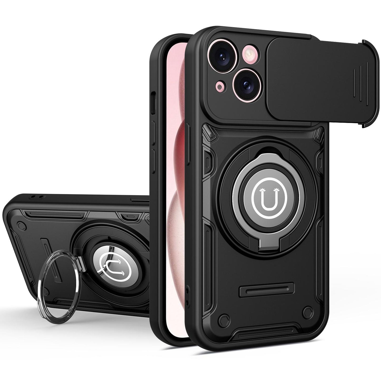 Apple iPhone 15 Magnetic Sliding Camshield Holder Phone Case with Lens Protection Cover, Built-in Kickstand, Shockproof PC TPU Back Cover, Car Mount Compatible Protective Case