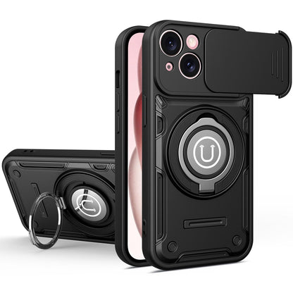 Apple iPhone 15 Magnetic Sliding Camshield Holder Phone Case with Lens Protection Cover, Built-in Kickstand, Shockproof PC TPU Back Cover, Car Mount Compatible Protective Case