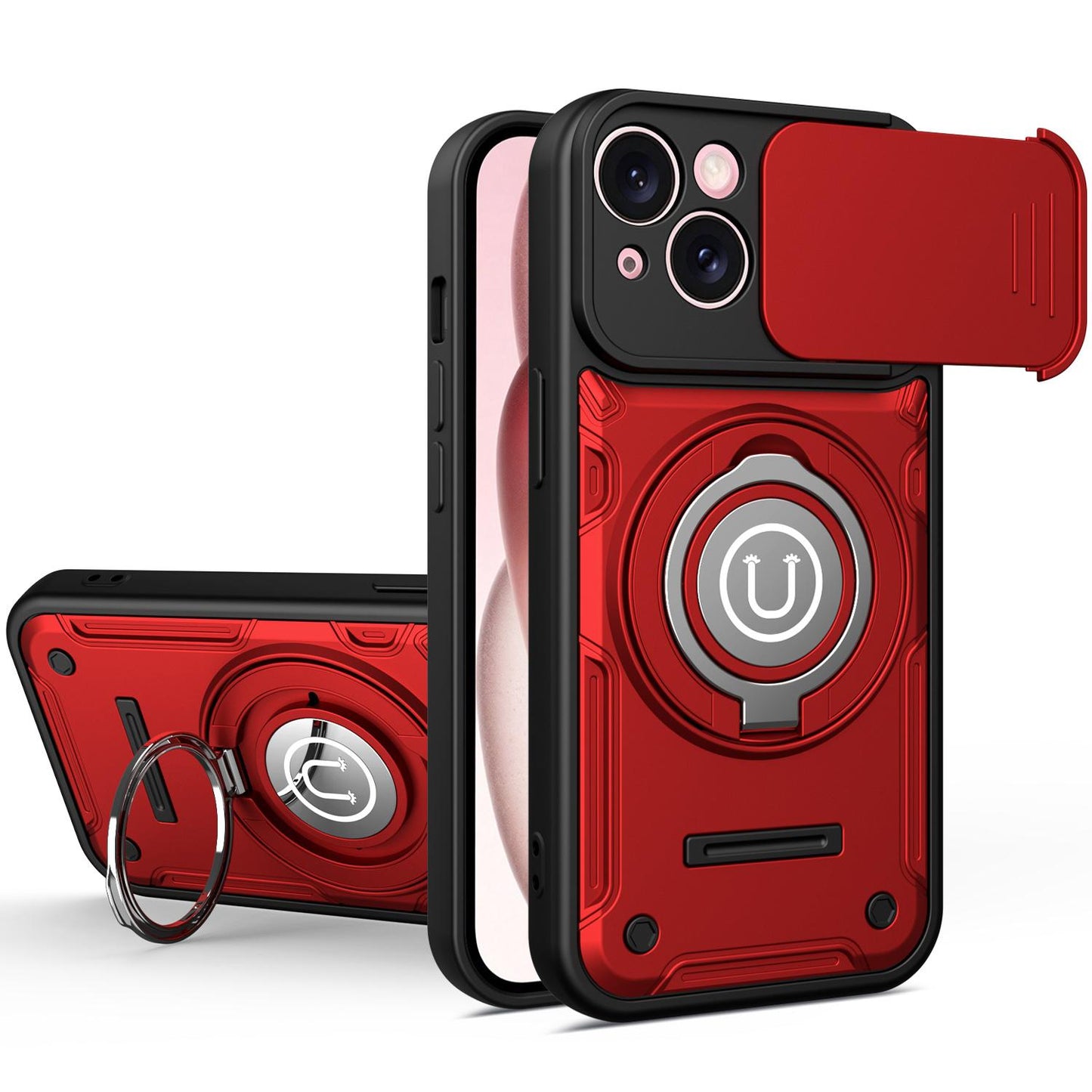 Apple iPhone 15 Magnetic Sliding Camshield Holder Phone Case with Lens Protection Cover, Built-in Kickstand, Shockproof PC TPU Back Cover, Car Mount Compatible Protective Case