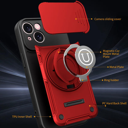 Apple iPhone 15 Magnetic Sliding Camshield Holder Phone Case with Lens Protection Cover, Built-in Kickstand, Shockproof PC TPU Back Cover, Car Mount Compatible Protective Case