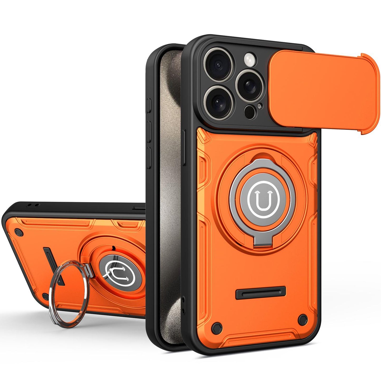 Apple iPhone 15 Pro Magnetic Sliding Camshield Holder Phone Case with Lens Protection Cover, Built-in Kickstand, Shockproof PC TPU Back Cover, Car Mount Compatible Protective Case