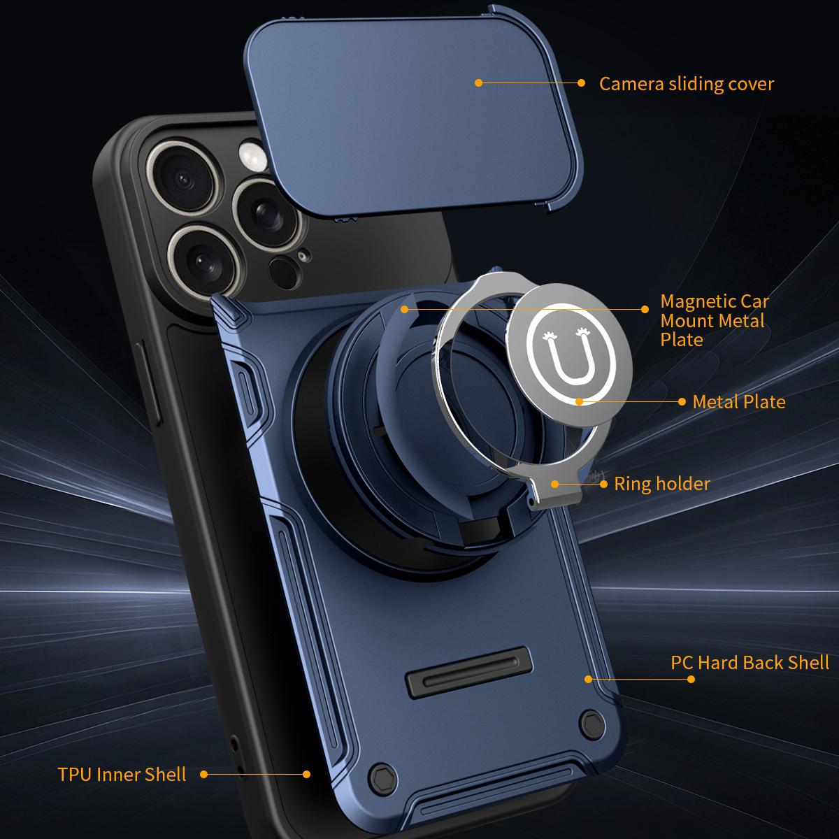 Apple iPhone 15 Pro Magnetic Sliding Camshield Holder Phone Case with Lens Protection Cover, Built-in Kickstand, Shockproof PC TPU Back Cover, Car Mount Compatible Protective Case