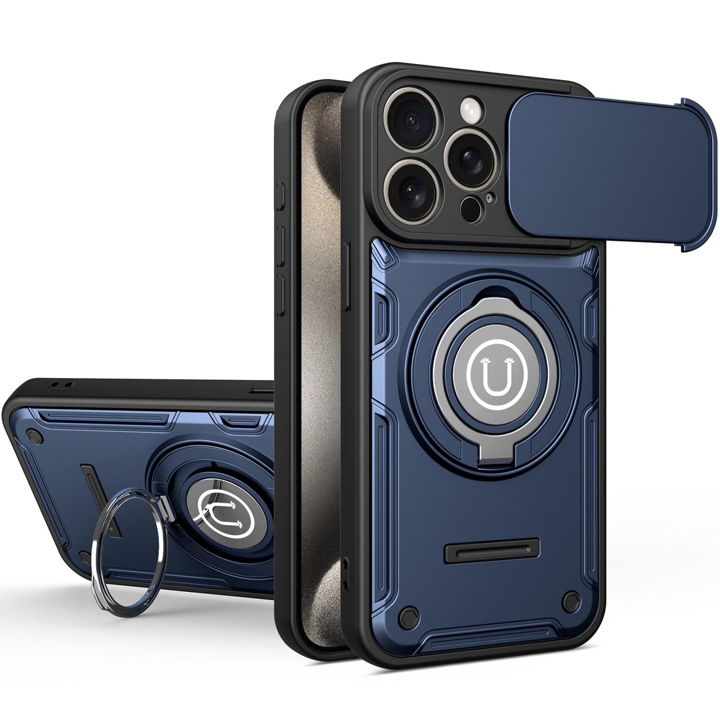 Apple iPhone 15 Pro Magnetic Sliding Camshield Holder Phone Case with Lens Protection Cover, Built-in Kickstand, Shockproof PC TPU Back Cover, Car Mount Compatible Protective Case