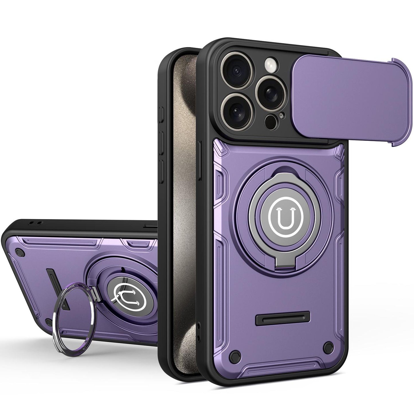 Apple iPhone 15 Pro Magnetic Sliding Camshield Holder Phone Case with Lens Protection Cover, Built-in Kickstand, Shockproof PC TPU Back Cover, Car Mount Compatible Protective Case
