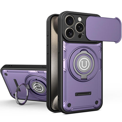 Apple iPhone 15 Pro Magnetic Sliding Camshield Holder Phone Case with Lens Protection Cover, Built-in Kickstand, Shockproof PC TPU Back Cover, Car Mount Compatible Protective Case