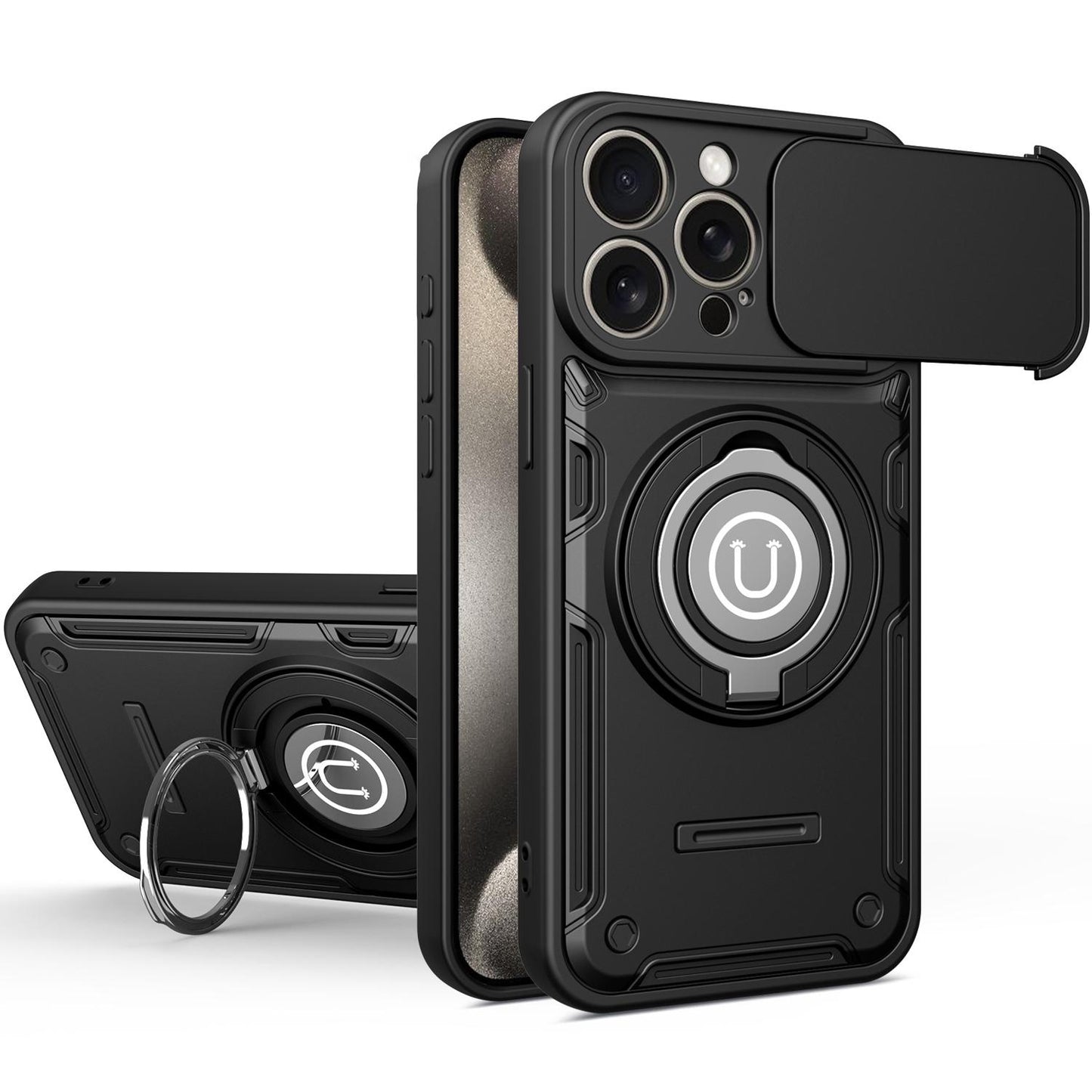 Apple iPhone 15 Pro Magnetic Sliding Camshield Holder Phone Case with Lens Protection Cover, Built-in Kickstand, Shockproof PC TPU Back Cover, Car Mount Compatible Protective Case