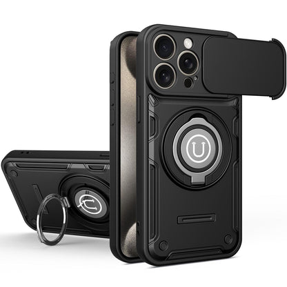 Apple iPhone 15 Pro Magnetic Sliding Camshield Holder Phone Case with Lens Protection Cover, Built-in Kickstand, Shockproof PC TPU Back Cover, Car Mount Compatible Protective Case
