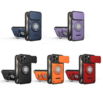 Apple iPhone 15 Pro Magnetic Sliding Camshield Holder Phone Case with Lens Protection Cover, Built-in Kickstand, Shockproof PC TPU Back Cover, Car Mount Compatible Protective Case