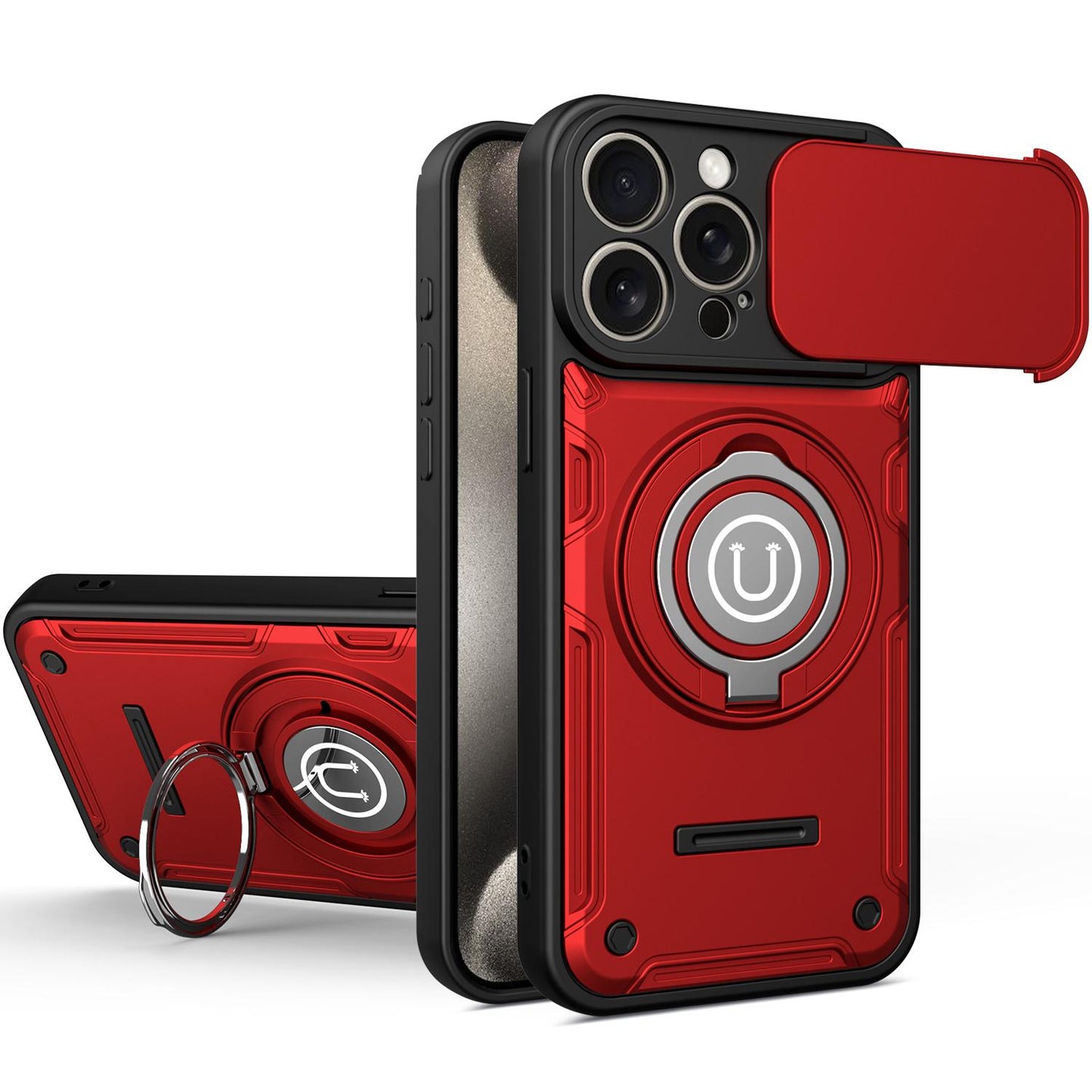 Apple iPhone 15 Pro Magnetic Sliding Camshield Holder Phone Case with Lens Protection Cover, Built-in Kickstand, Shockproof PC TPU Back Cover, Car Mount Compatible Protective Case