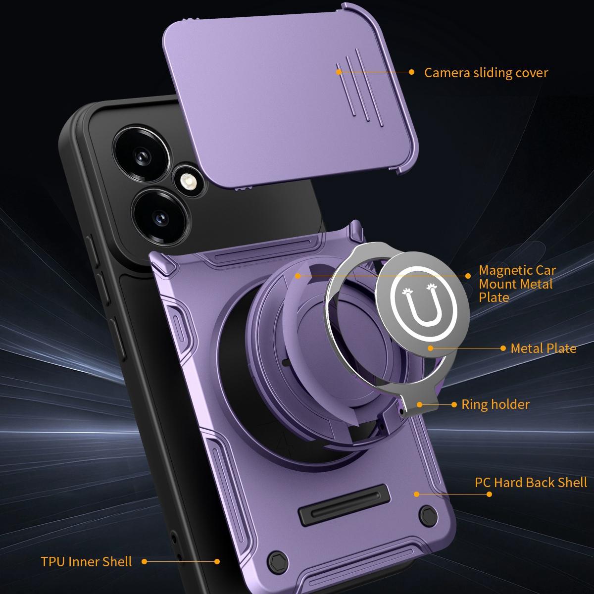 Honor 400 5G 156.5mm Magnetic Sliding Camshield Holder Phone Case with Lens Protection Cover, Built-in Kickstand, Shockproof PC TPU Back Cover, Car Mount Compatible Protective Case