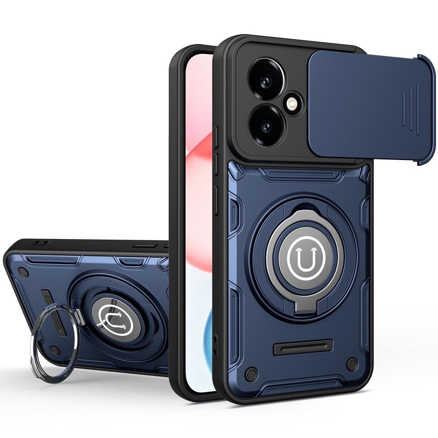 Honor 400 5G 156.5mm Magnetic Sliding Camshield Holder Phone Case with Lens Protection Cover, Built-in Kickstand, Shockproof PC TPU Back Cover, Car Mount Compatible Protective Case