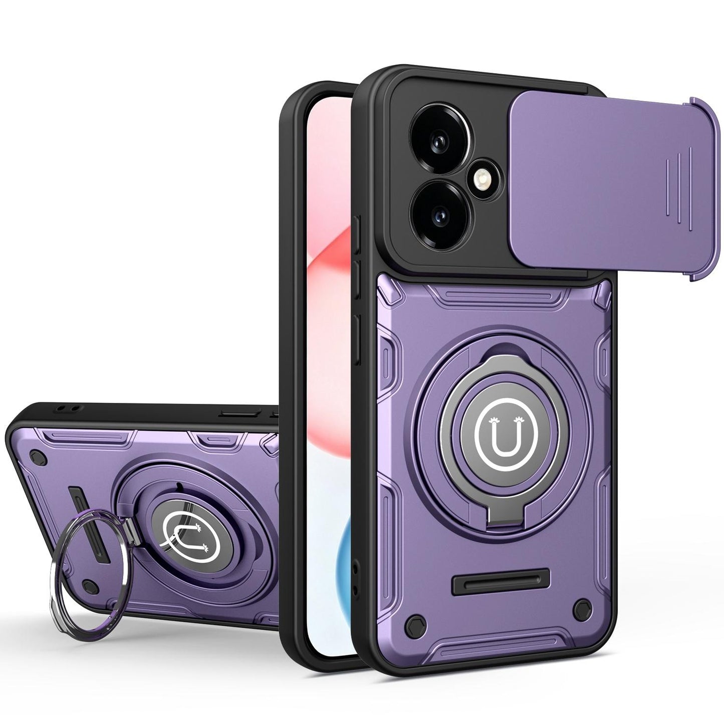 Honor 400 5G 156.5mm Magnetic Sliding Camshield Holder Phone Case with Lens Protection Cover, Built-in Kickstand, Shockproof PC TPU Back Cover, Car Mount Compatible Protective Case