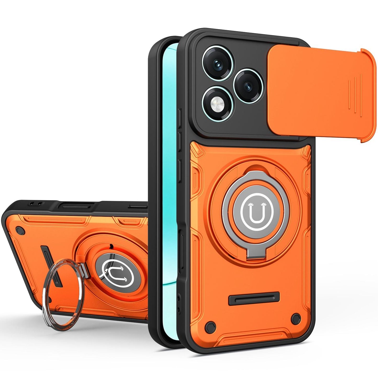Honor 400 Lite 5G Magnetic Sliding Camshield Holder Phone Case with Lens Protection Cover, Built-in Kickstand, Shockproof PC TPU Back Cover, Car Mount Compatible Protective Case