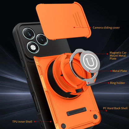 Honor 400 Lite 5G Magnetic Sliding Camshield Holder Phone Case with Lens Protection Cover, Built-in Kickstand, Shockproof PC TPU Back Cover, Car Mount Compatible Protective Case