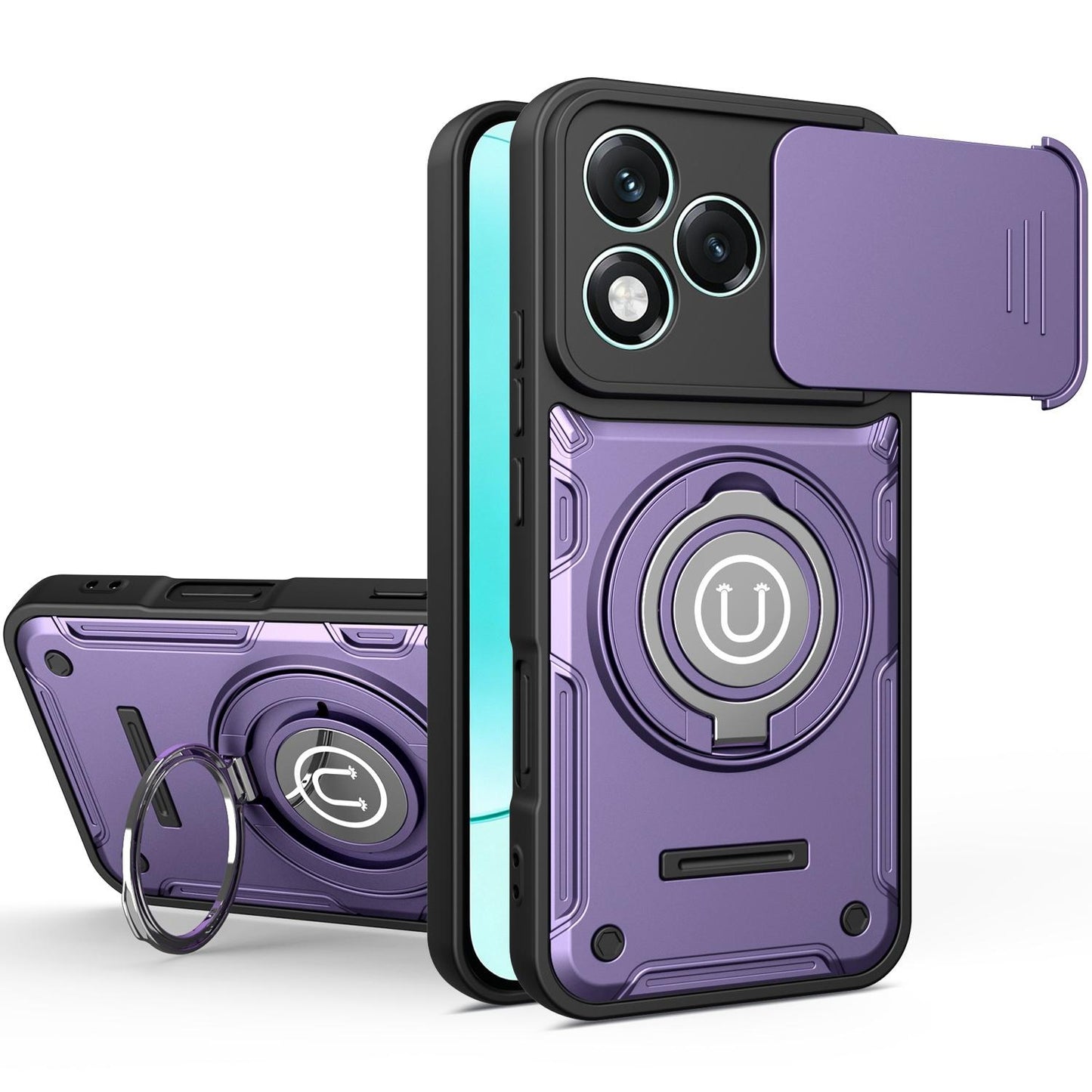 Honor 400 Lite 5G Magnetic Sliding Camshield Holder Phone Case with Lens Protection Cover, Built-in Kickstand, Shockproof PC TPU Back Cover, Car Mount Compatible Protective Case