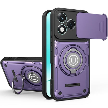 Honor 400 Lite 5G Magnetic Sliding Camshield Holder Phone Case with Lens Protection Cover, Built-in Kickstand, Shockproof PC TPU Back Cover, Car Mount Compatible Protective Case
