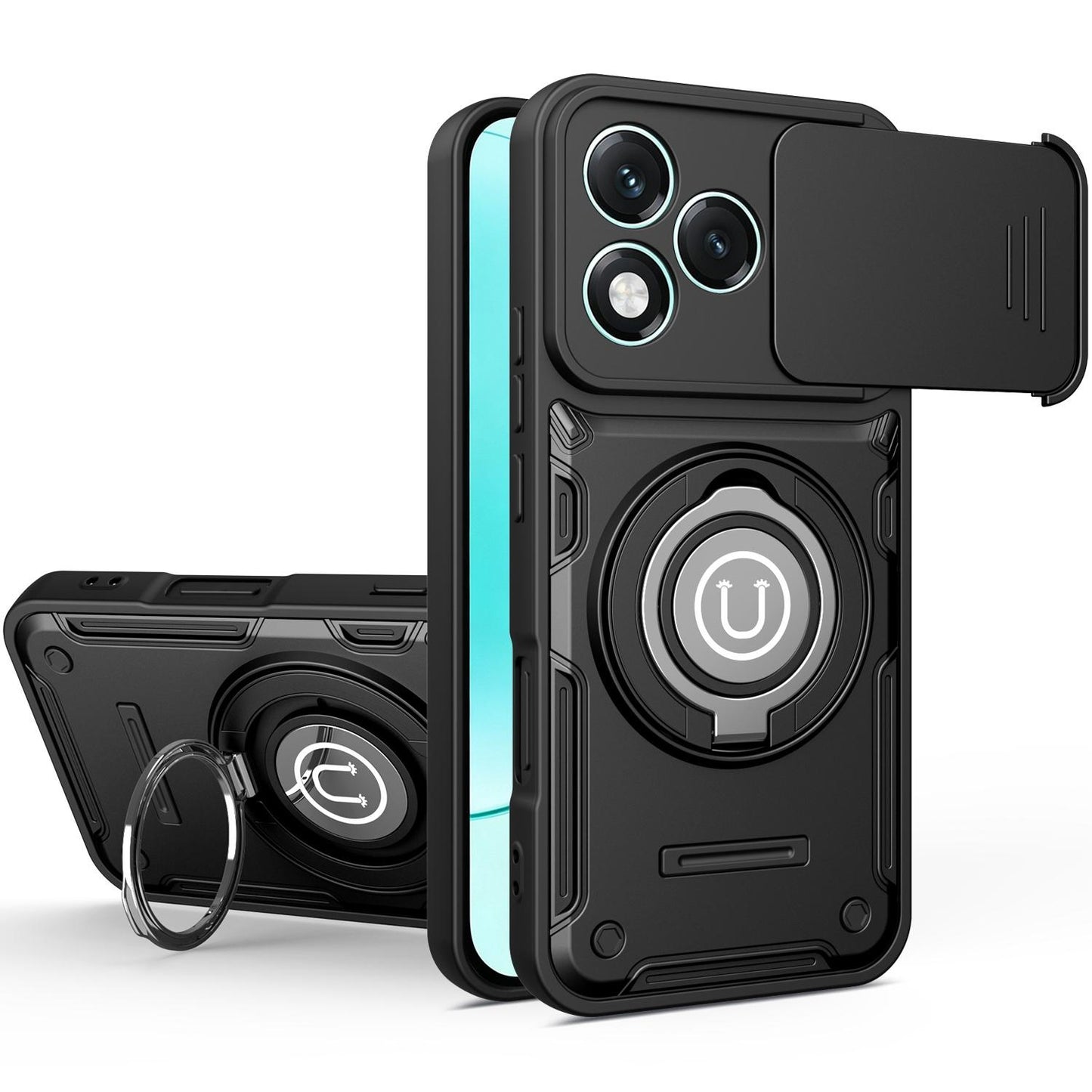 Honor 400 Lite 5G Magnetic Sliding Camshield Holder Phone Case with Lens Protection Cover, Built-in Kickstand, Shockproof PC TPU Back Cover, Car Mount Compatible Protective Case