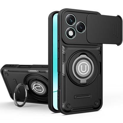 Honor 400 Lite 5G Magnetic Sliding Camshield Holder Phone Case with Lens Protection Cover, Built-in Kickstand, Shockproof PC TPU Back Cover, Car Mount Compatible Protective Case