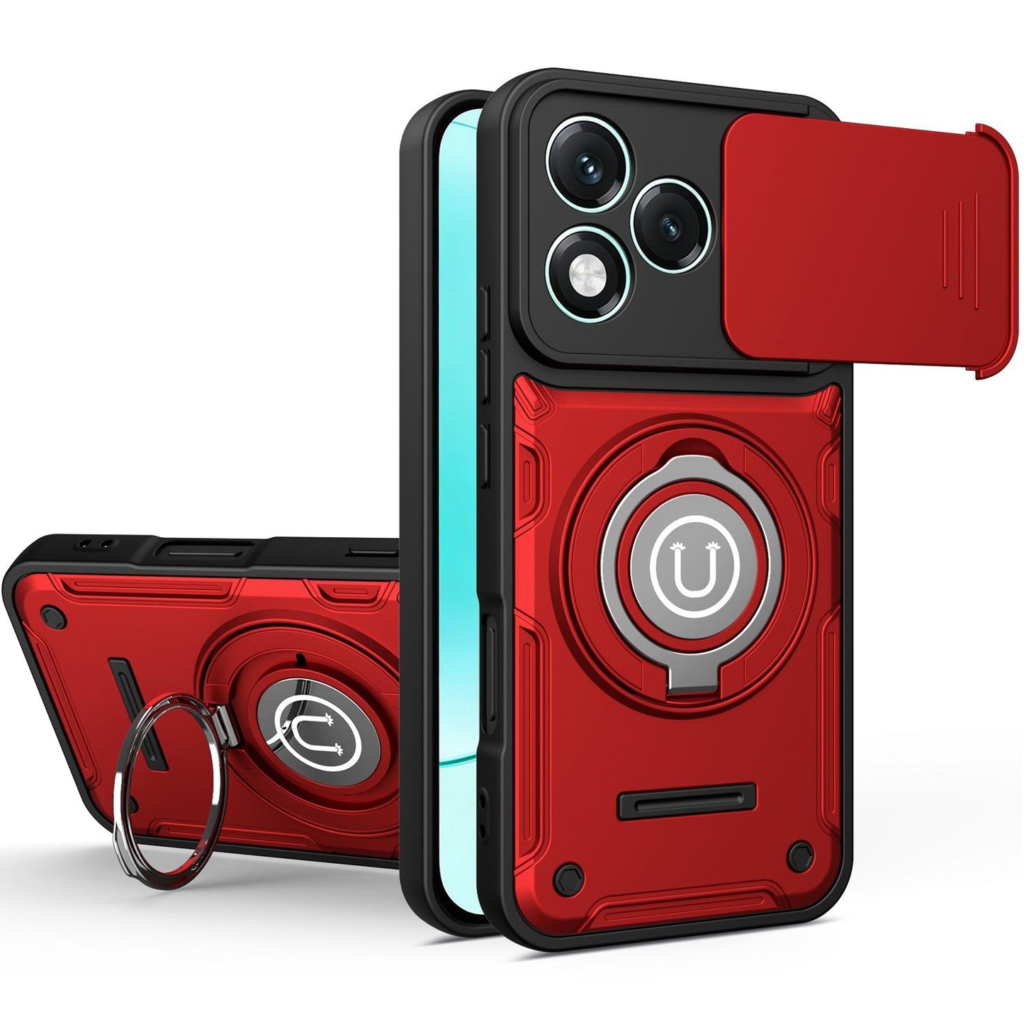 Honor 400 Lite 5G Magnetic Sliding Camshield Holder Phone Case with Lens Protection Cover, Built-in Kickstand, Shockproof PC TPU Back Cover, Car Mount Compatible Protective Case