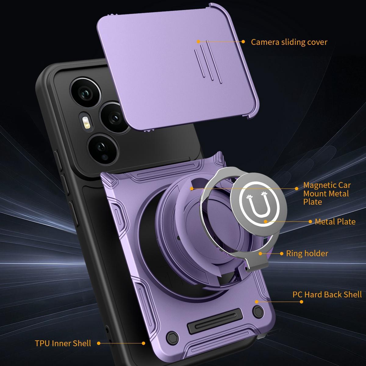 Honor 400 Pro 5G 160.8mm Magnetic Sliding Camshield Holder Phone Case with Lens Protection Cover, Built-in Kickstand, Shockproof PC TPU Back Cover, Car Mount Compatible Protective Case