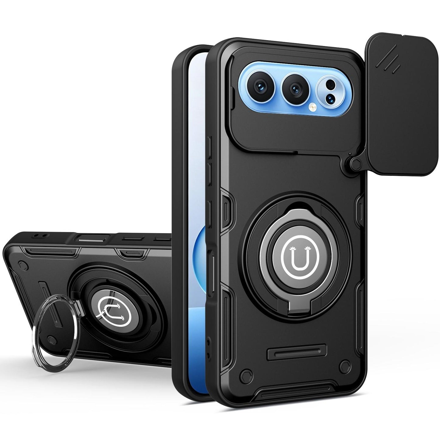Honor 500 Pro 155.8mm Magnetic Sliding Camshield Holder Phone Case with Lens Protection Cover, Built-in Kickstand, Shockproof PC TPU Back Cover, Car Mount Compatible Protective Case