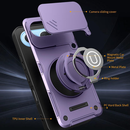 Honor 500 155.8mm Magnetic Sliding Camshield Holder Phone Case with Lens Protection Cover, Built-in Kickstand, Shockproof PC TPU Back Cover, Car Mount Compatible Protective Case