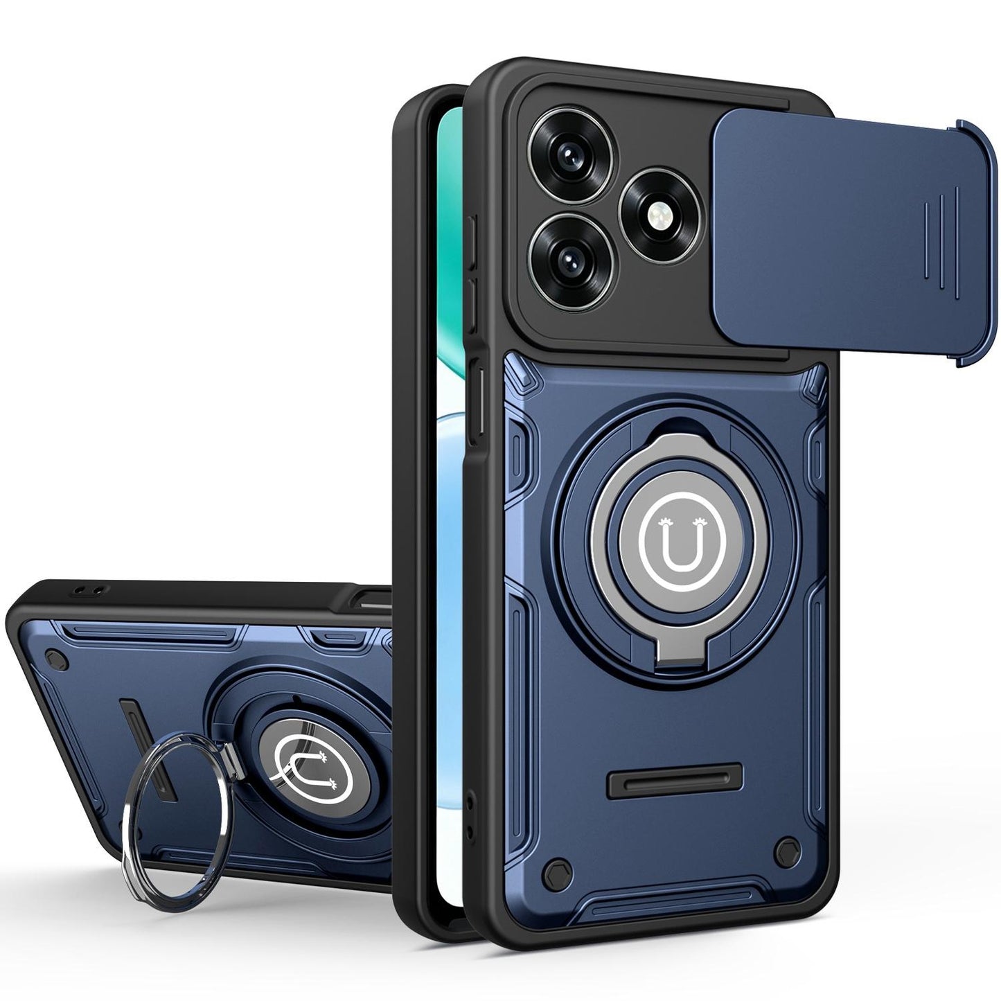 Honor X5c 4G Magnetic Sliding Camshield Holder Phone Case with Lens Protection Cover, Built-in Kickstand, Shockproof PC TPU Back Cover, Car Mount Compatible Protective Case