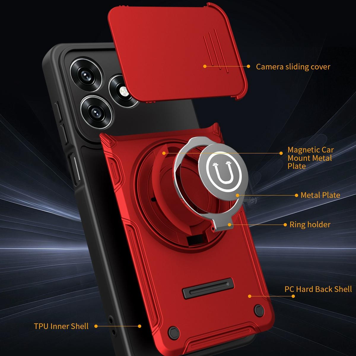 Honor X5c 4G Magnetic Sliding Camshield Holder Phone Case with Lens Protection Cover, Built-in Kickstand, Shockproof PC TPU Back Cover, Car Mount Compatible Protective Case