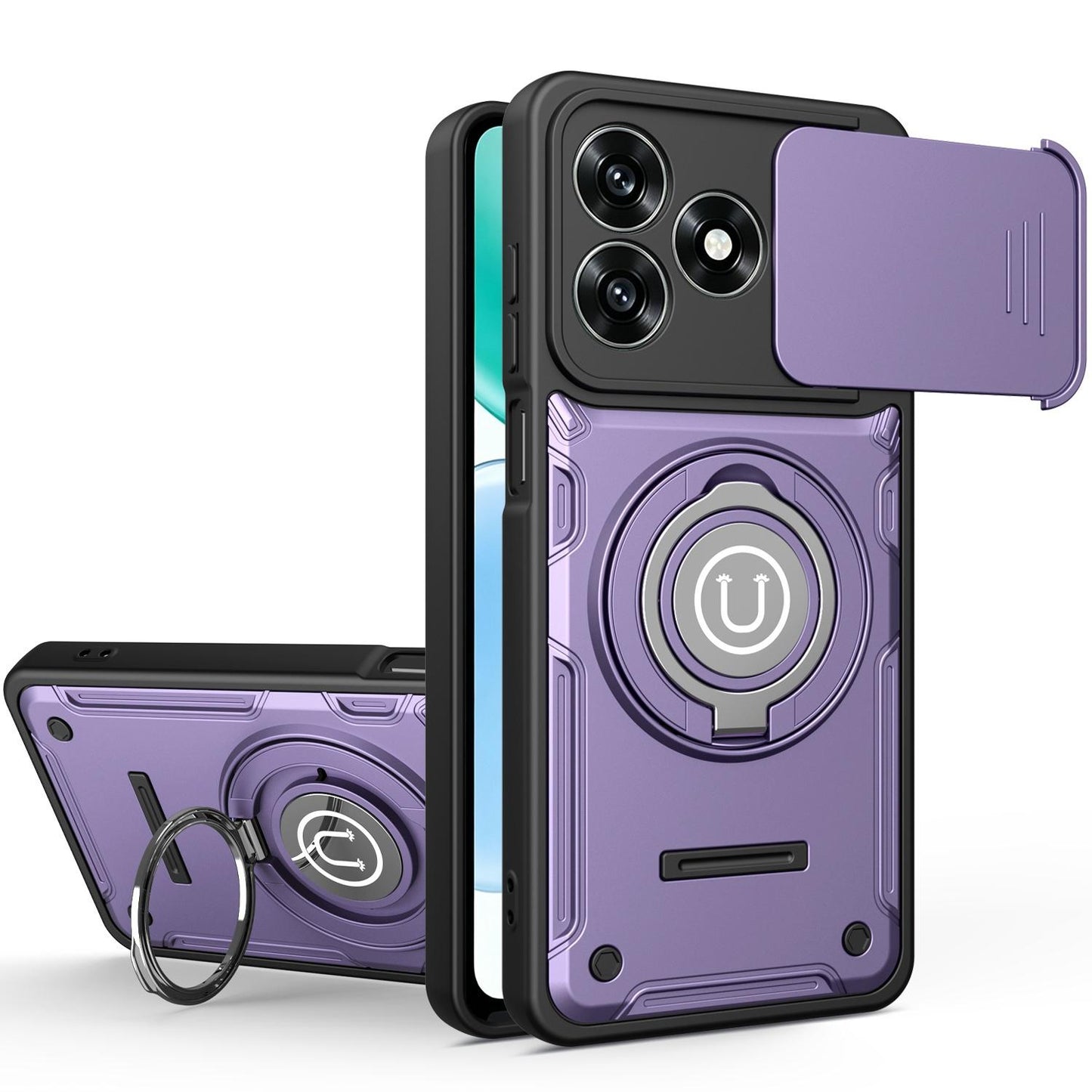 Honor X5c 4G Magnetic Sliding Camshield Holder Phone Case with Lens Protection Cover, Built-in Kickstand, Shockproof PC TPU Back Cover, Car Mount Compatible Protective Case