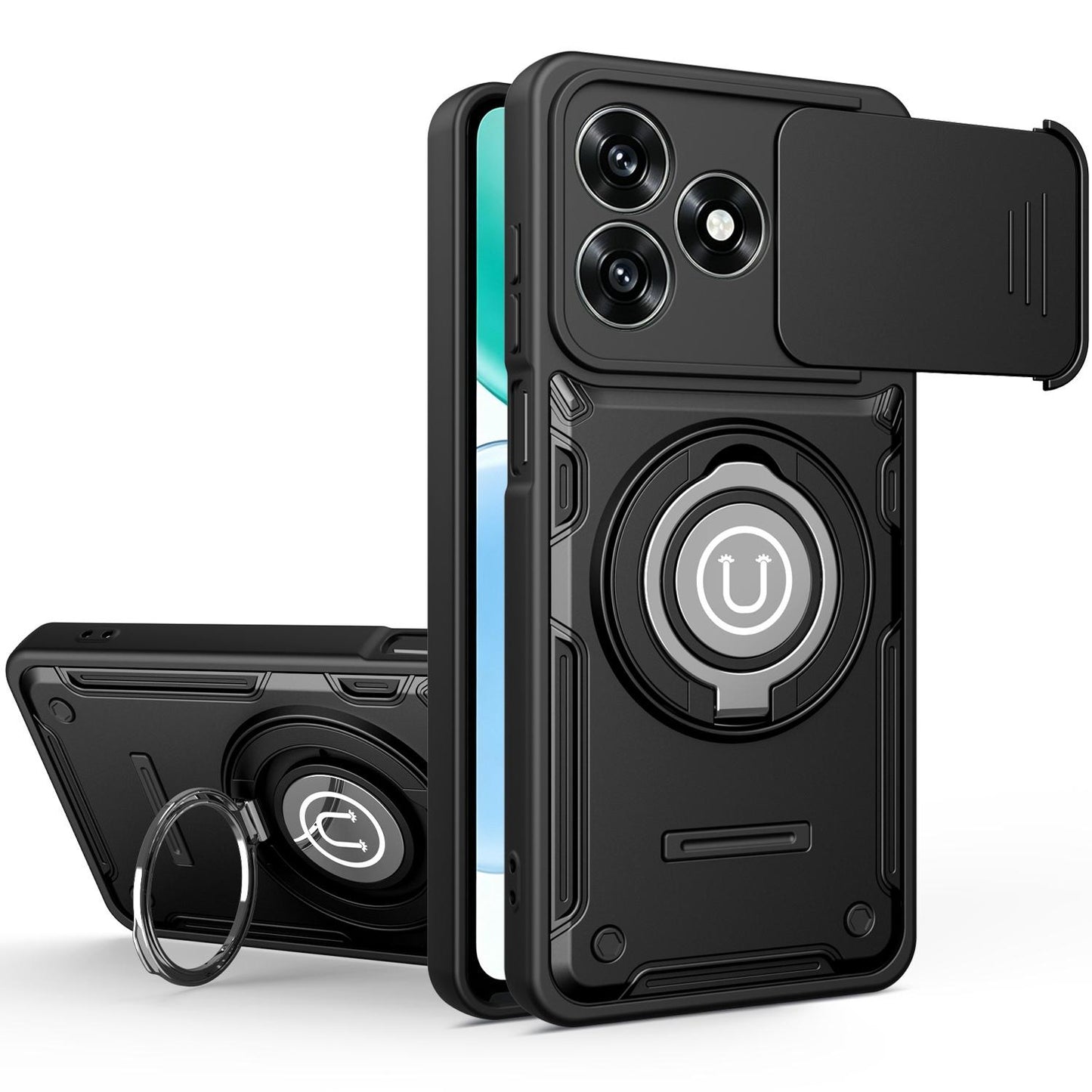 Honor X5c Plus Magnetic Sliding Camshield Holder Phone Case with Lens Protection Cover, Built-in Kickstand, Shockproof PC TPU Back Cover, Car Mount Compatible Protective Case