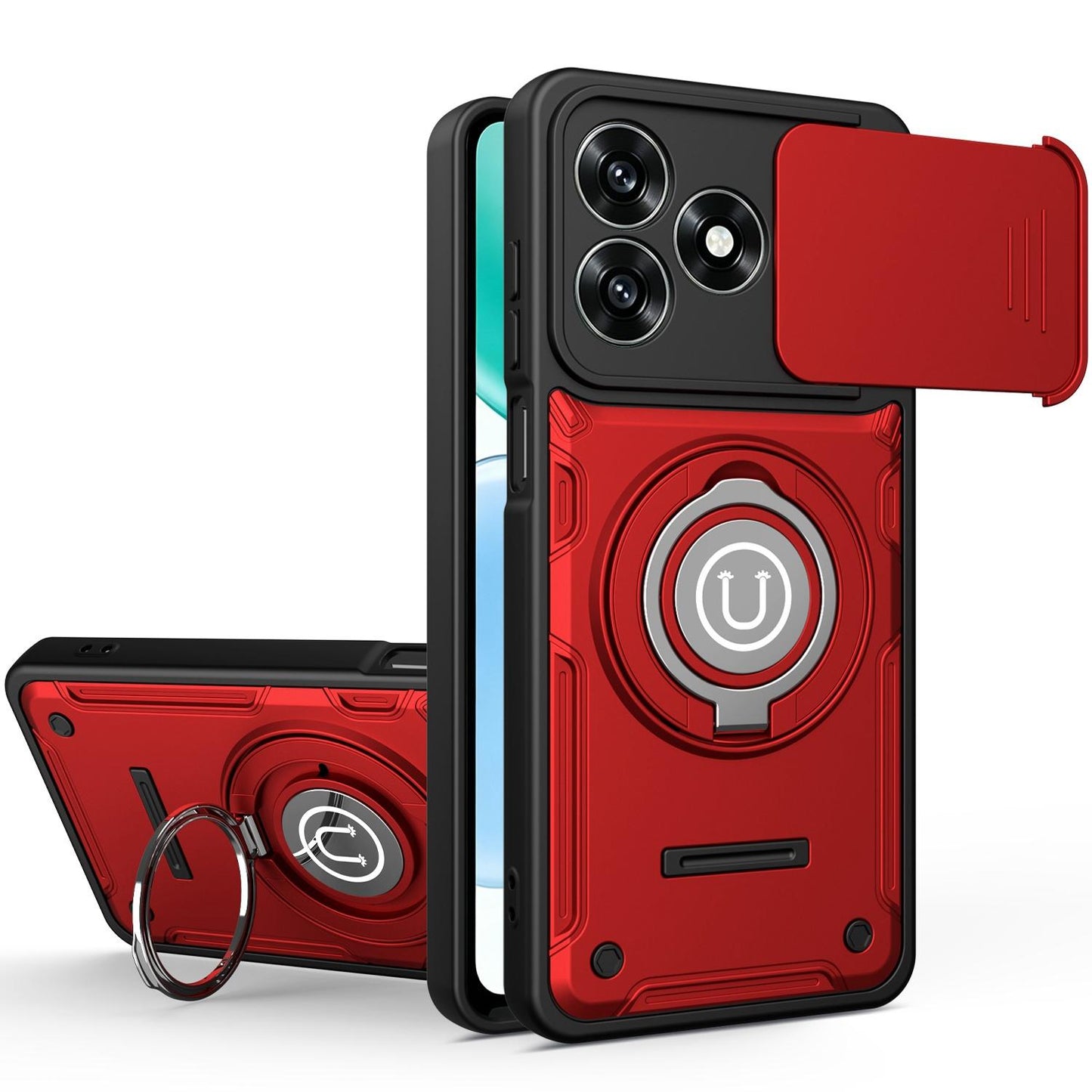 Honor X5c 4G Magnetic Sliding Camshield Holder Phone Case with Lens Protection Cover, Built-in Kickstand, Shockproof PC TPU Back Cover, Car Mount Compatible Protective Case