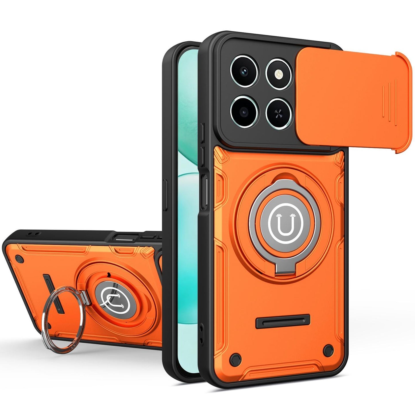Honor X6c 4G Magnetic Sliding Camshield Holder Phone Case with Lens Protection Cover, Built-in Kickstand, Shockproof PC TPU Back Cover, Car Mount Compatible Protective Case