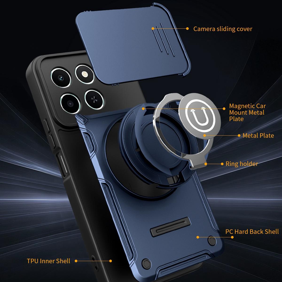 Honor X6c 4G Magnetic Sliding Camshield Holder Phone Case with Lens Protection Cover, Built-in Kickstand, Shockproof PC TPU Back Cover, Car Mount Compatible Protective Case