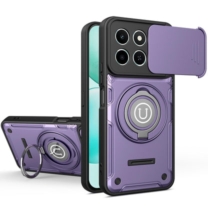 Honor X6c 4G Magnetic Sliding Camshield Holder Phone Case with Lens Protection Cover, Built-in Kickstand, Shockproof PC TPU Back Cover, Car Mount Compatible Protective Case