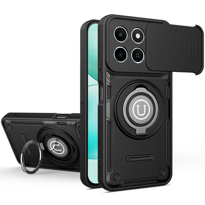 Honor X6c 4G Magnetic Sliding Camshield Holder Phone Case with Lens Protection Cover, Built-in Kickstand, Shockproof PC TPU Back Cover, Car Mount Compatible Protective Case