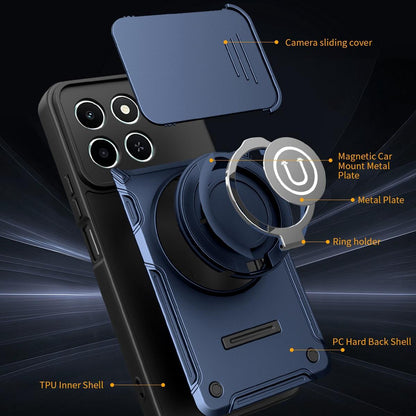 Honor X6c 4G Magnetic Sliding Camshield Holder Phone Case with Lens Protection Cover, Built-in Kickstand, Shockproof PC TPU Back Cover, Car Mount Compatible Protective Case